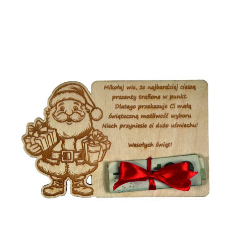 Drewniany voucher z mikołajem